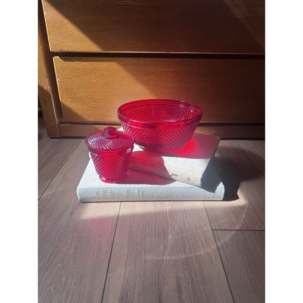 Vintage Estate European Ruby Red Art Glass Bowl Covered Dish Diamond Point Set - Picture 15 of 16